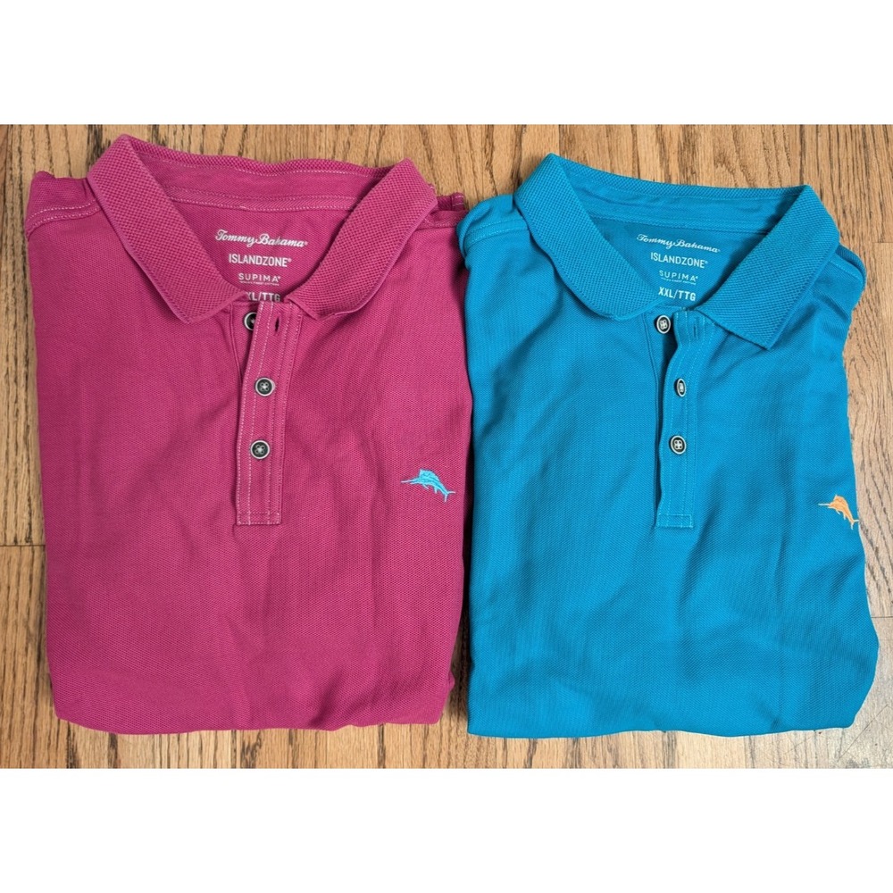 Lot of 2 Tommy Bahama IslandZone Supima Polo Shirts Men's XXL Blue Pink Marlin